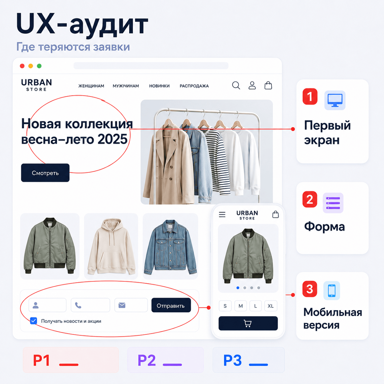Пример UX-аудита с приоритетами проблем первого экрана, формы и мобильной версии